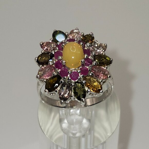 .925 Sterling Silver Fire Opal/Ruby/Tourmaline Floral Ring Size 9.5 Value $665 - Picture 3 of 6